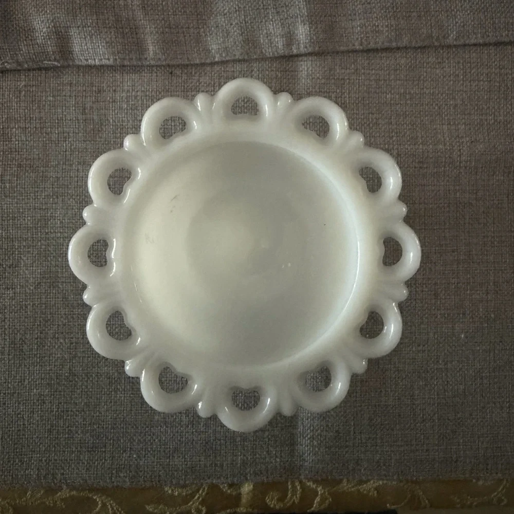 Vintage Anchor Hocking Lace Edge Milk Glass Pedestal Bowl | Candy Trinket Bowl